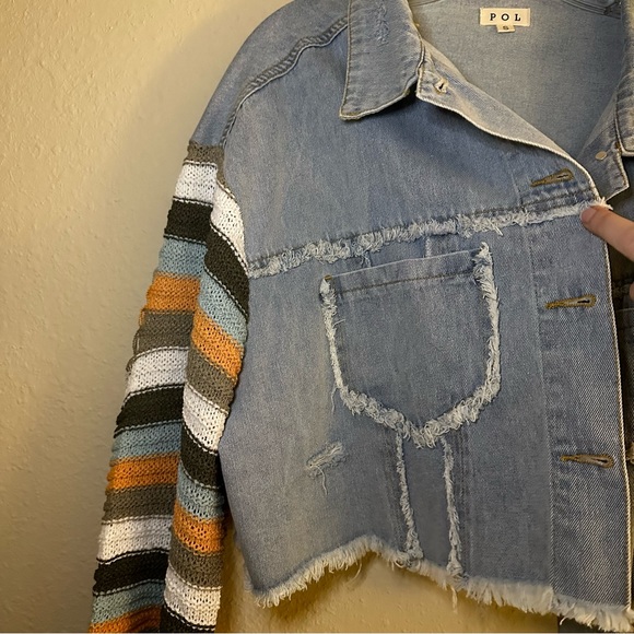 064. POL Distressed Oversized Crop Denim Ripped Stripe Crochet Sleeve Jacket - Picture 12 of 14